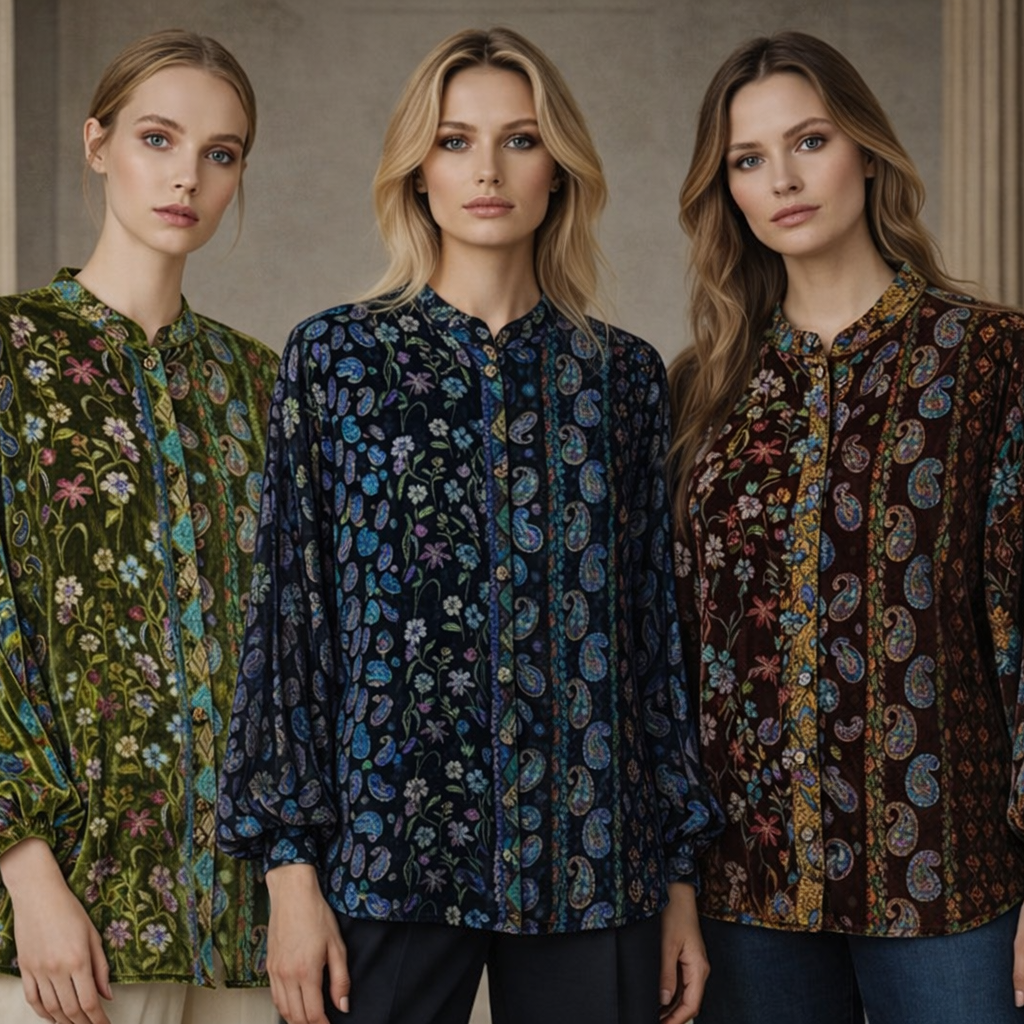 Paisley Velours Blouse met Kralendetails