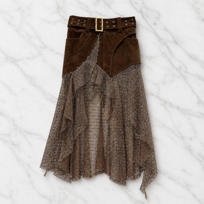 Rok Suède Look met Goudkleurige Details & Netstof Coastal Meets Western