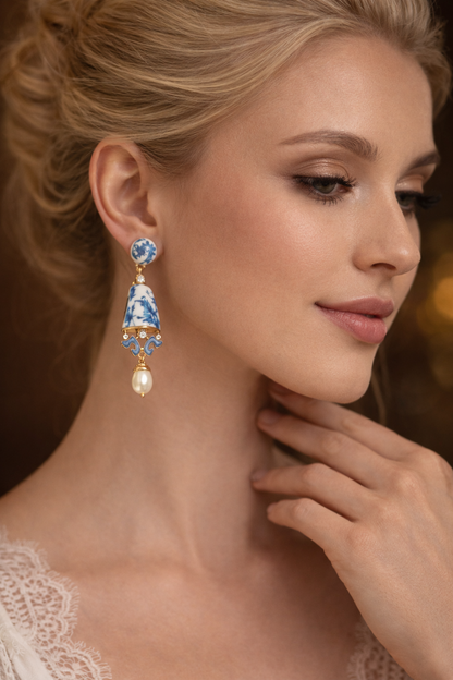 Statement Oorbellen met Porselein Look en Parel – Luxe Dames Oorbellen Blauw-Wit