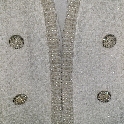 Elegant Bouclé Look Jasje in Off-White met Rijke Pareldetails