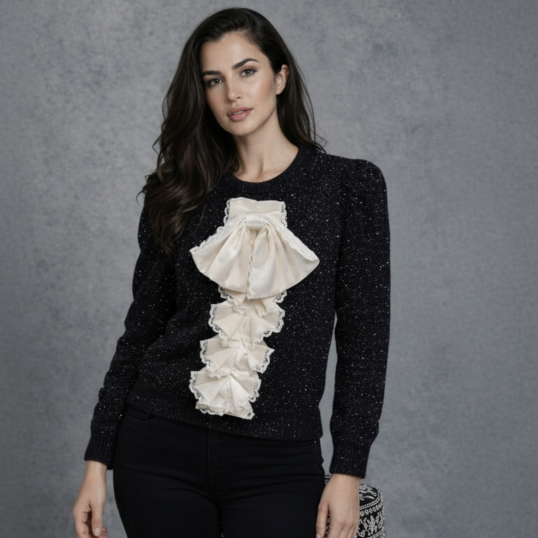 Black Sparkle Trui met Ruffles en Strik