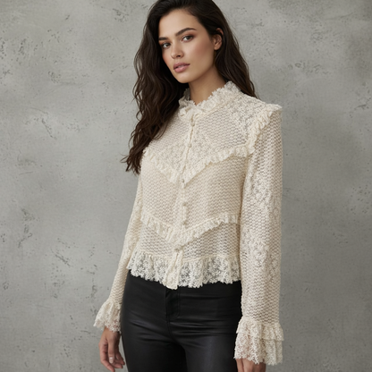 Lace Blouse Crème Kant met Ruches en Kantdetails Victorian Romance