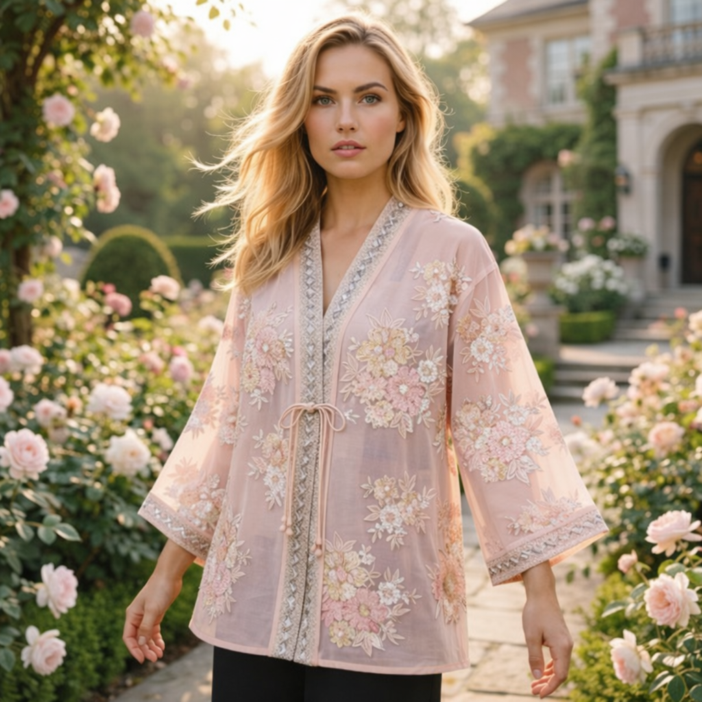 Kimono Blouse Blush met Meerkleurig Borduurwerk en Pailletten Garden Chic