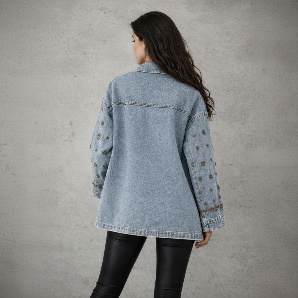 Denimjacket – Washed Spijkerjas met Zonnig Fijn Kralenborduurwerk
