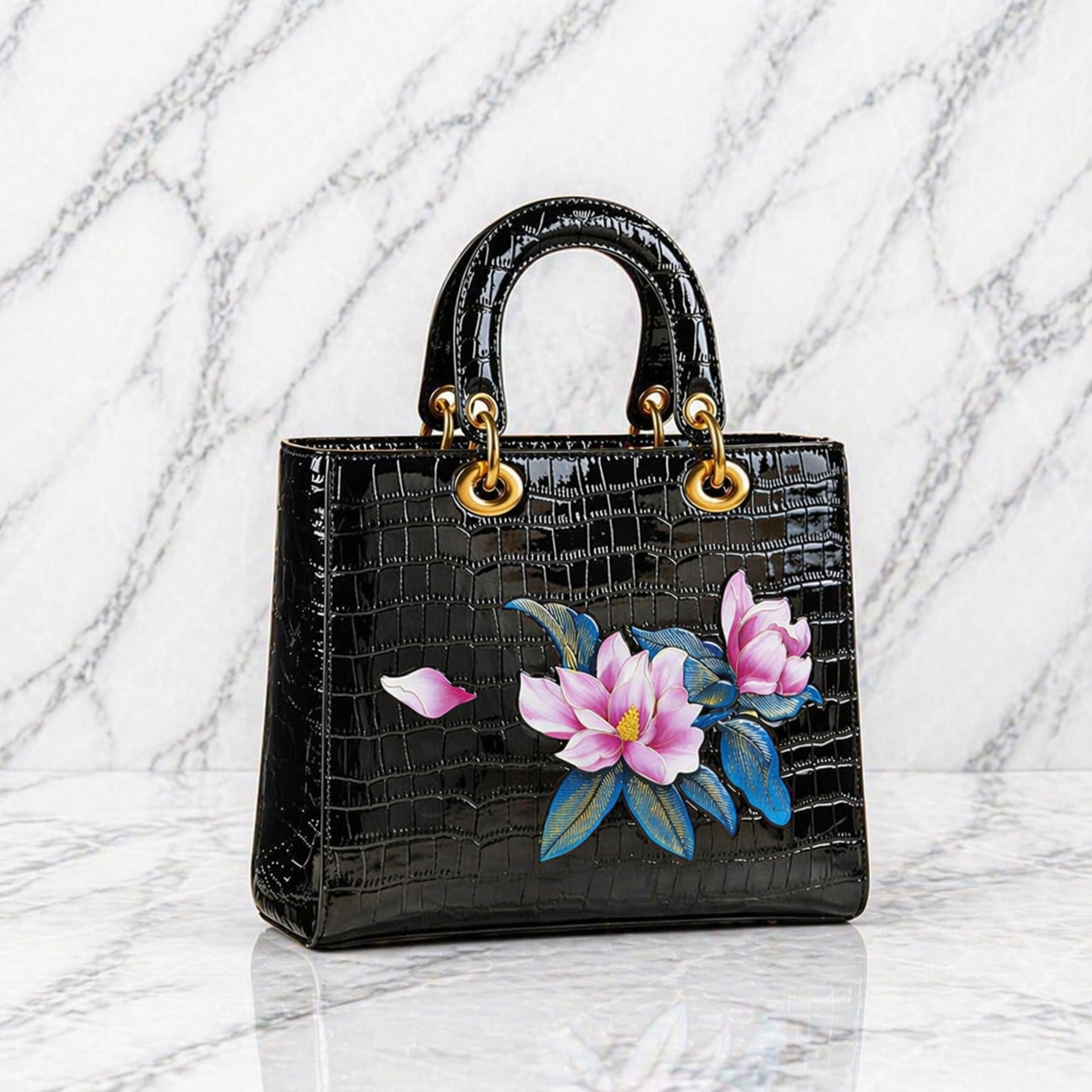 Croco PU Leren Handtas met 3D Bloemen – 5 Designs