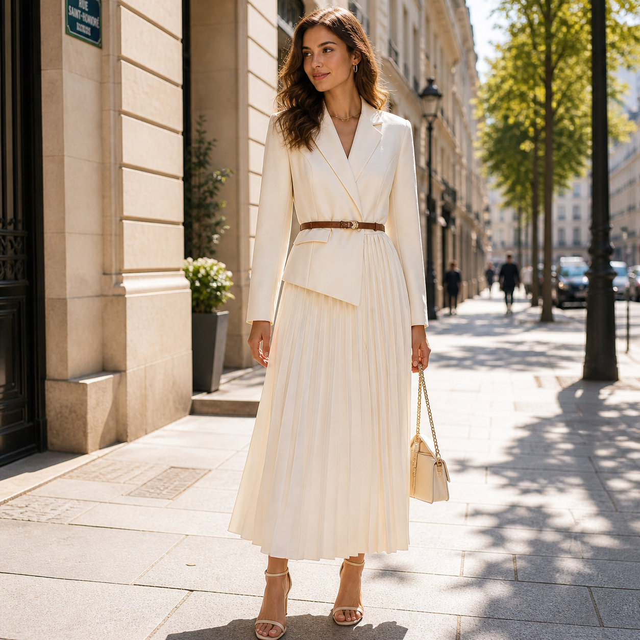 Élise Blazer Stijl Jurk Zwart of Wit met Geplooide Rok & Tailleceintuur