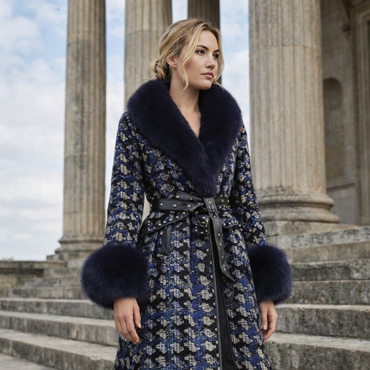 Luxe Lange Winterjas Dames met Zwarte Bontkraag en Stud Details