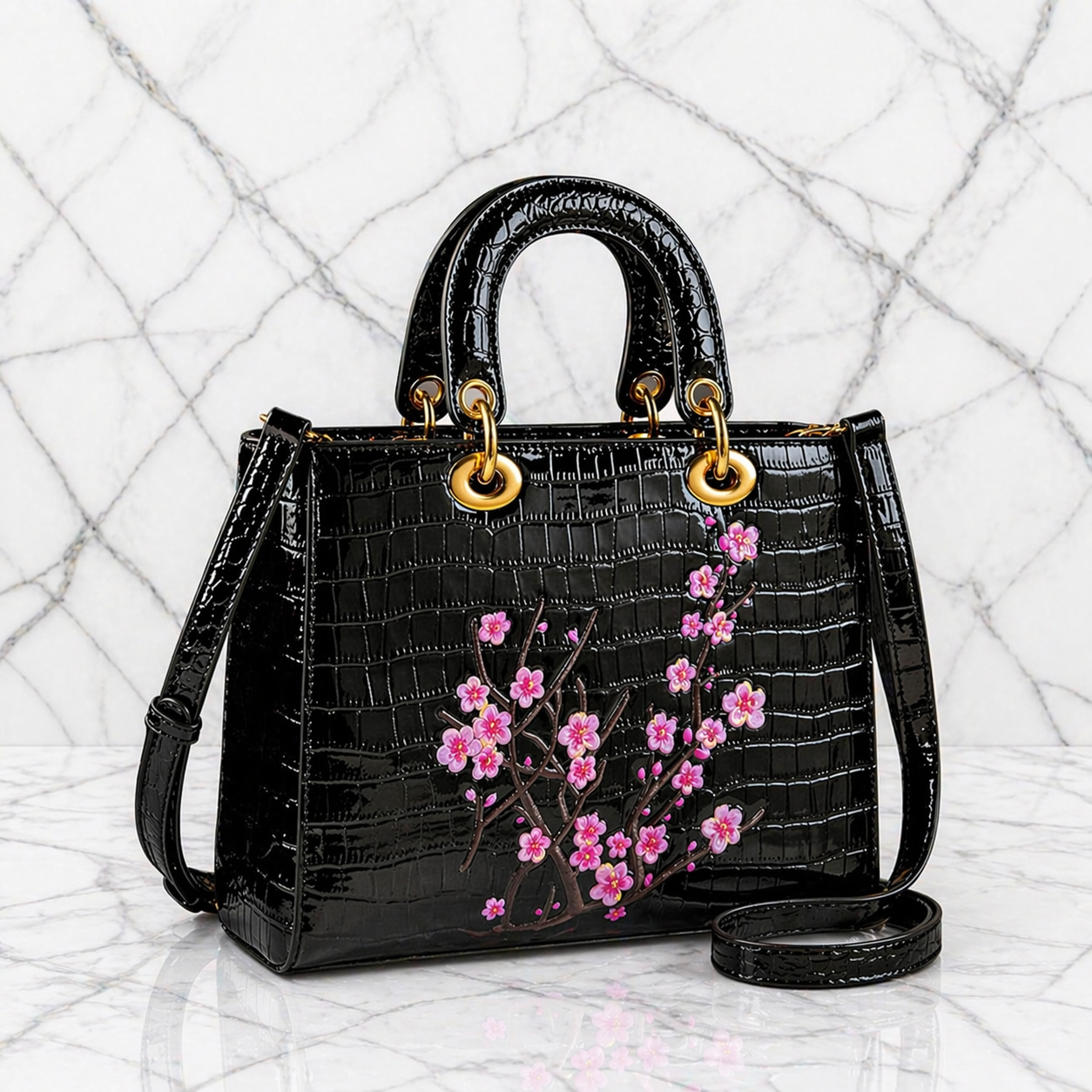Croco PU Leren Handtas met 3D Bloemen – 5 Designs