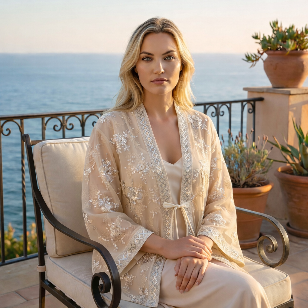 Kimono Blouse met Kralenborduurwerk in Zilvertinten Riviera Chic