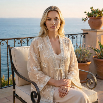 Kimono Blouse met Kralenborduurwerk in Zilvertinten Riviera Chic
