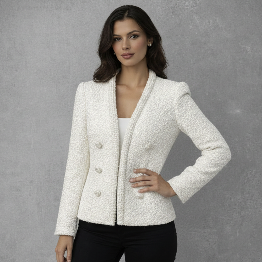 Elegant Bouclé Look Jasje in Off-White met Rijke Pareldetails