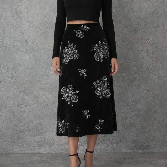 Velours Gedetailleerde Rok Midnight Bloom