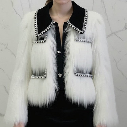 Black & Pearl Zwarte Jas met Wit Bont