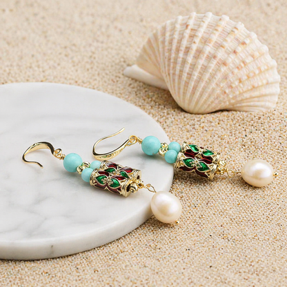 Oorbellen met Cloisonné en Turquoise Kralen Goudkleurig met Parel