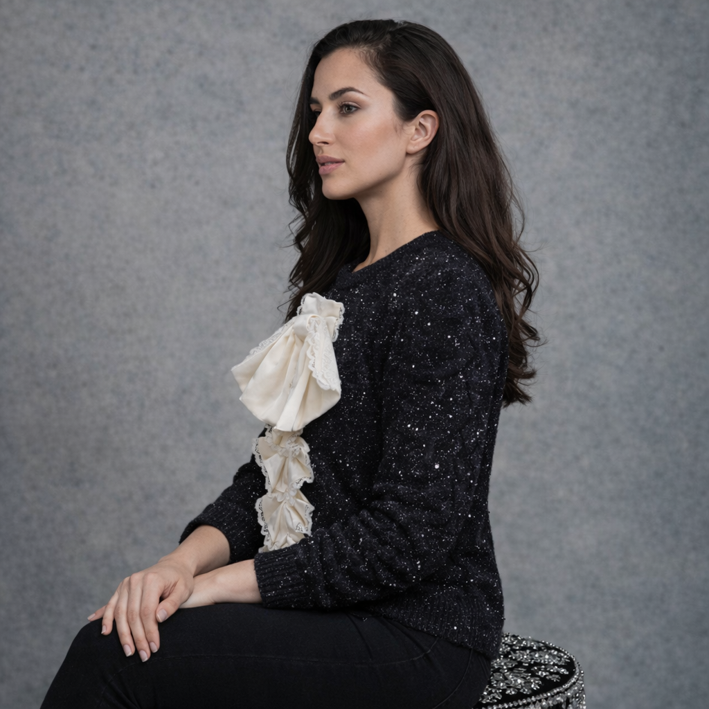 Black Sparkle Trui met Ruffles en Strik