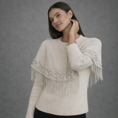 Klassieke Crème Cape met Parels en Kralenfranje