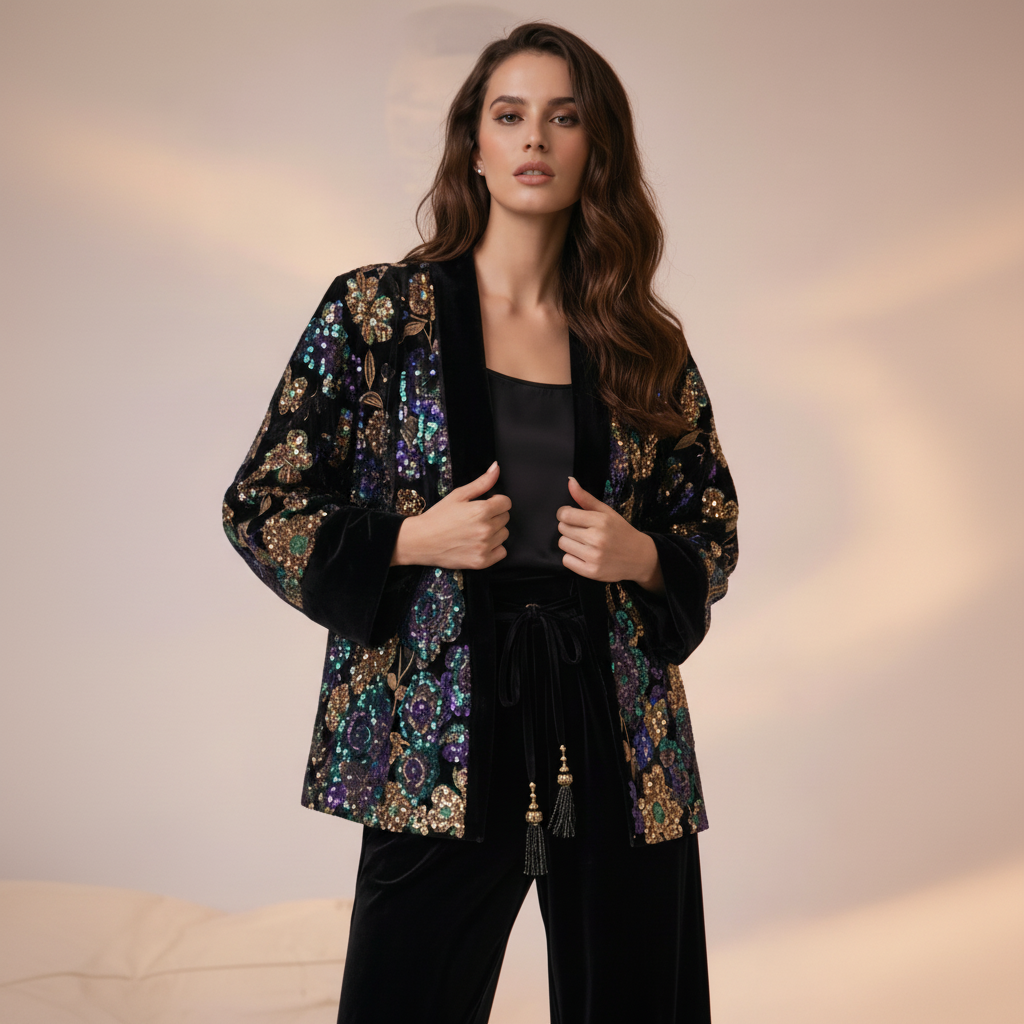 Velours Kimono Zwart met Pailletten en Borduursel